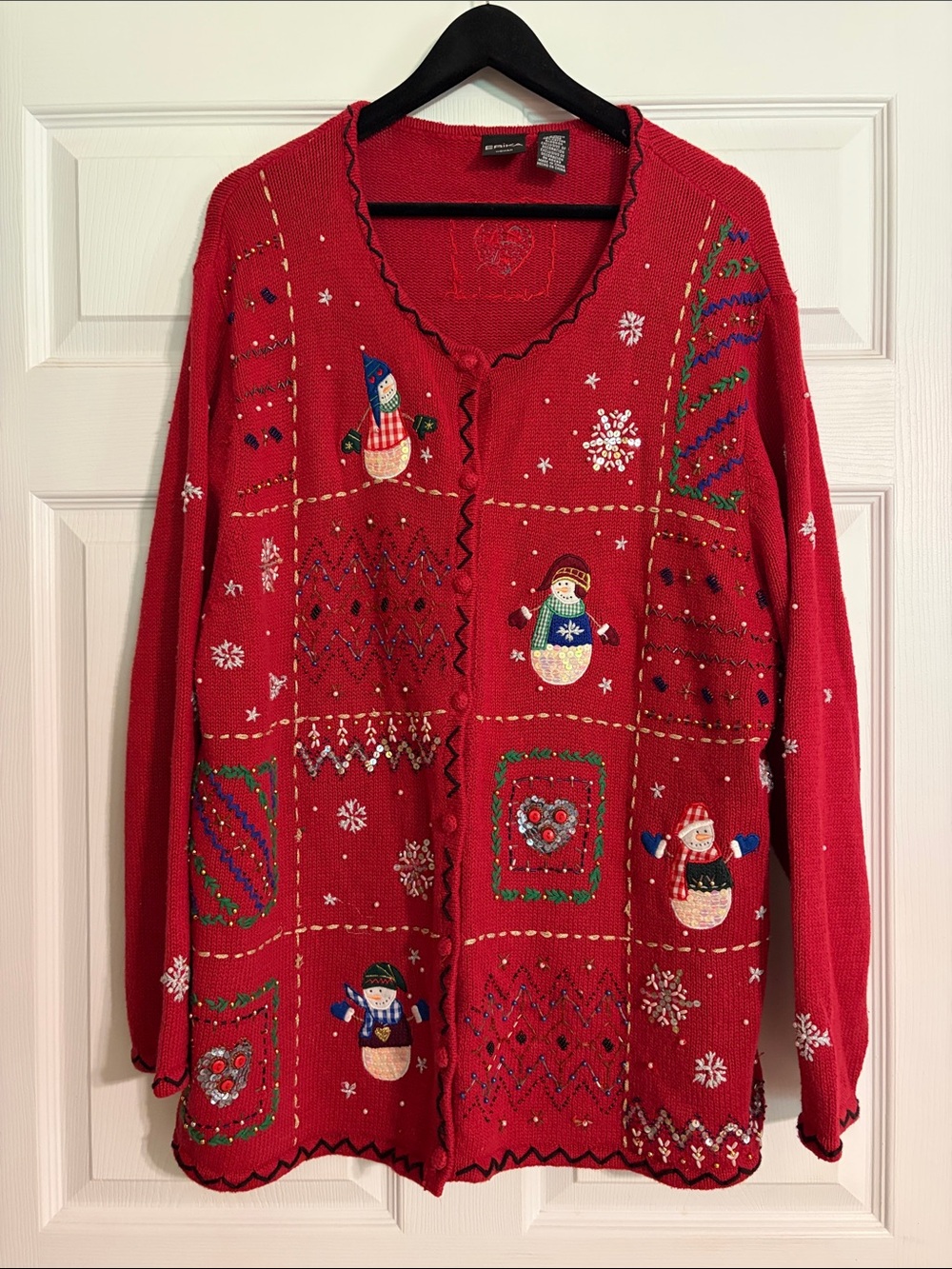 VTG Erika Red Patchwork Snowman Ugly Christmas Cardigan Sweater Beaded 2X